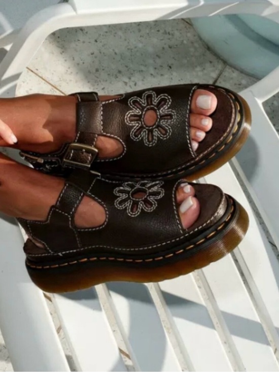 Dr. Martens Shoes - Dr. Martens Dunnett Flower Brown Floral Cutout Platform Sandals NWT